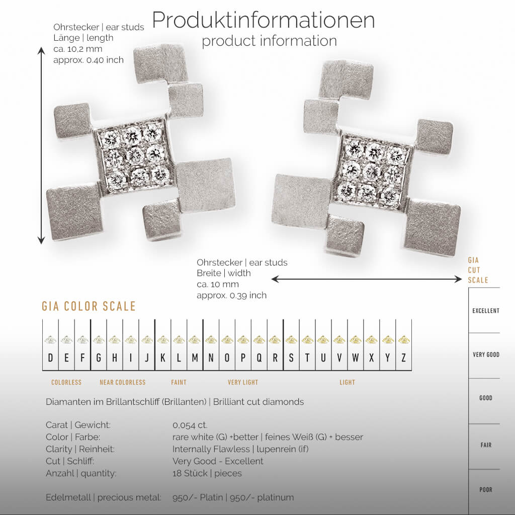 QUADROCI | Produktinformationen-square - Ohrringe, Ohrstecker - 950/- Platin - Diamanten/Brillanten | product-information-square - ear studs, earrings - 950/- platinum - diamonds | SYNO-Schmuck.com